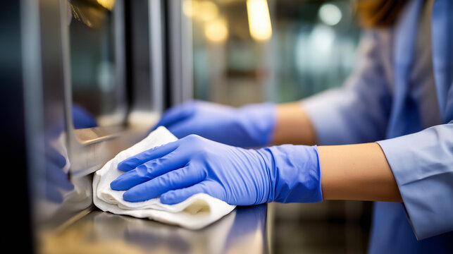 Closeup of faceless sanitary worker hands in blue laboratory coat wearing protective gloves cleaning stainless steel surface in hospital environment worker diligently wiping with
