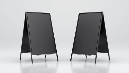 Blank black metallic outdoor stand mockup set, isolated, front and side view, 3d rendering. Clear street signage board mock up. A-board with metal frame template