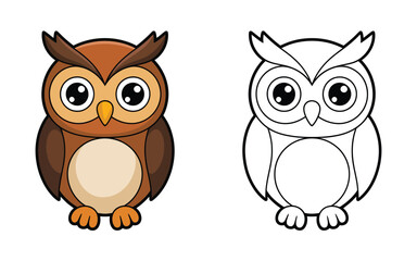 Obraz premium Cute Cartoon Owl Illustration Vector with Colored and Black and White Outline Versions Isolated