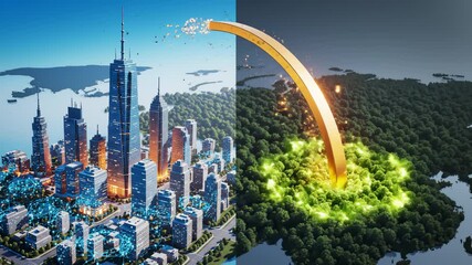 City and Forest Interconnect With Glowing Energy Arch Animation - Powered by Adobe
