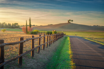 Country Road with Wooden Fence at Sunset near Bibbona, Tuscany