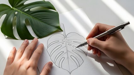 Artist sketching a monstera leaf on paper with pen and reference leaf.