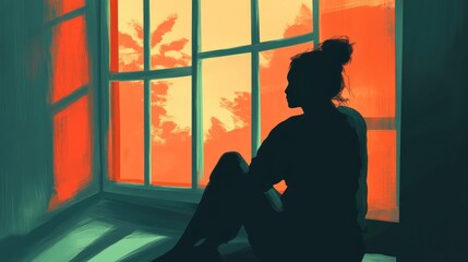 A woman is sitting in a window with a view of trees