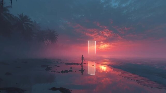 Mysterious glowing portal on a misty beach at sunset with a solitary figure contemplating the