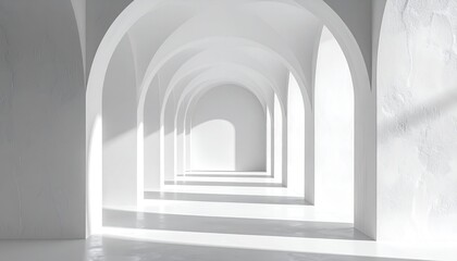 Fototapeta premium Minimalist White Archway Corridor With Sunlight And Shadows Creating A Serene Architectural Perspective