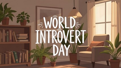 Cozy illustration of a warm, quiet reading nook with text overlay celebrating World Introvert Day, featuring an armchair, bookshelf, and numerous potted plants in soft, warm lighting.