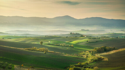 Tuscan Rolling Hills Landscape at Sunset near Santa Luce, Pisa, Italy