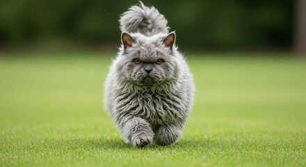 Playful tumble of a Selkirk Rex cat running on green grass in a sunny garden during the afternoon