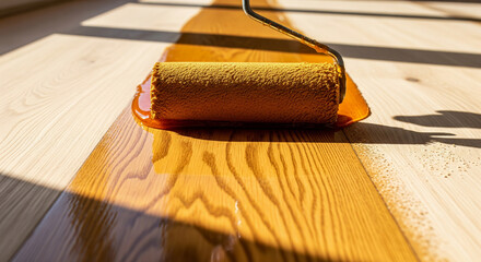 Roller moves across wooden floor applying glossy finish quickly in well-lit room during daytime