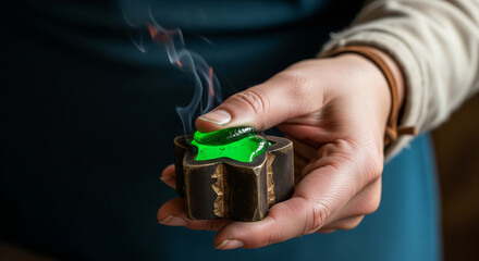 Glass worker shapes hot glass paste in bronze mold during ancient glass-making process