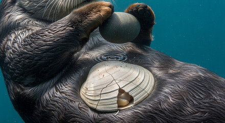 Sea otter uses rock to break clam shell while floating on back in clear water