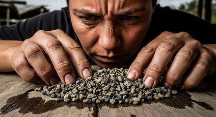 Woman sorting gravel pieces on a wooden table in a natural setting during daylight hours