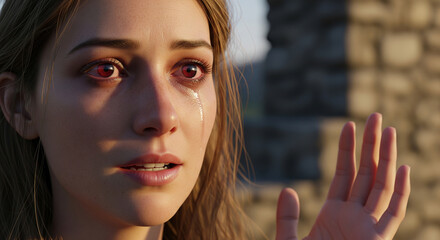Woman expresses sudden joy with raised hand and trembling gesture against serene background during sunset in an outdoor location