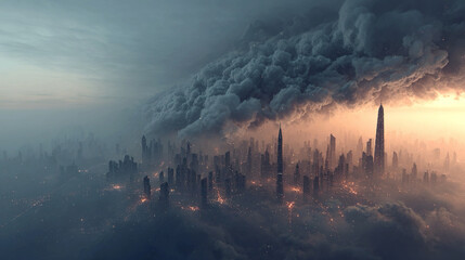 Smog overlay dense urban atmosphere, industrial zone air pollution, environmental hazard monitoring, particulate matter cloud, cityscape pollution assessment, aerial schematic illustration