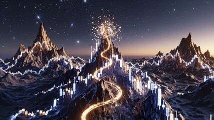 Stock Market Data Surges Over Mountain Landscape at Night