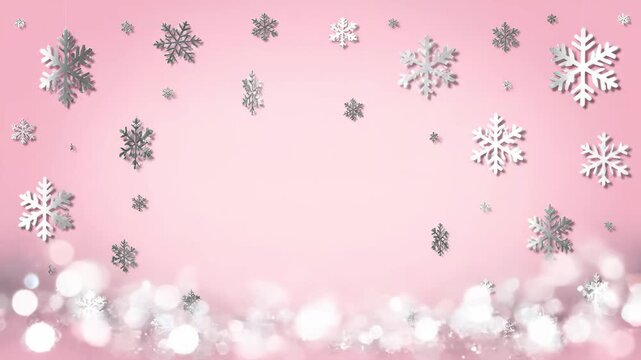 Snowflakes gently falling against a soft pink background, creating a whimsical winter scene with shimmering bokeh effects and delicate details throughout the frames