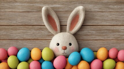 Obraz premium A bunny with big ears looks over a collection of brightly colored eggs on a wooden surface. This scene captures the essence of Easter festivities and joy.