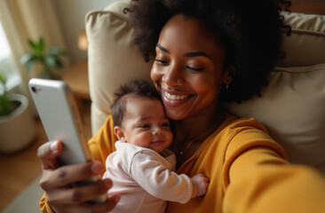 African mother and newborn baby making selfie or video call to father or family.