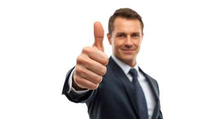 A smiling businessman giving a thumbs up for approval on