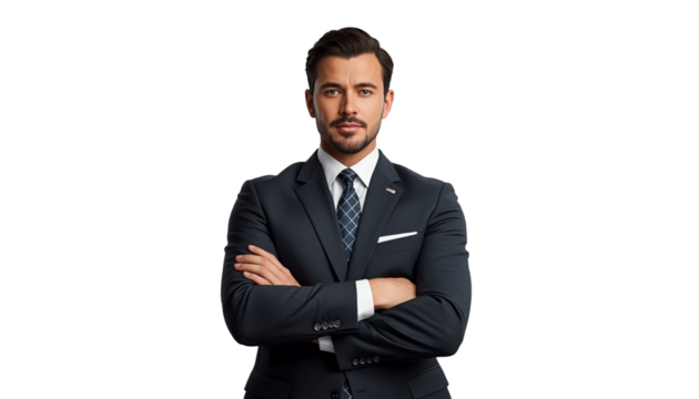 A confident businessman standing with his arms crossed in a dark suit - Powered by Adobe