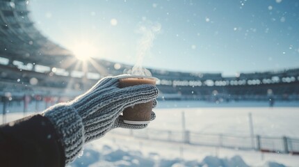 Gloved Hand Holding Hot Coffee In Winter Stadium, Cold Weather Lifestyle Moment With Steam And Snow, Cozy Warm Drink Concept, Cinematic Outdoor Atmosphere And Seasonal Comfort