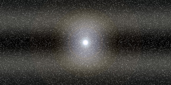 Galactic core glowing with dense star cluster, surrounded by dark bands and dispersed stellar field