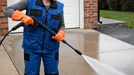 Worker in blue uniform pressure washing a driveway outside a house.