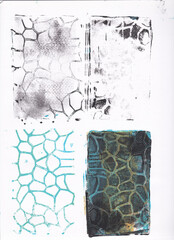 High-resolution abstract background features a dynamic blend of black and colored paint, hand-created using a Gelli plate and a brayer roller. The resulting image captures an authentic grunge.