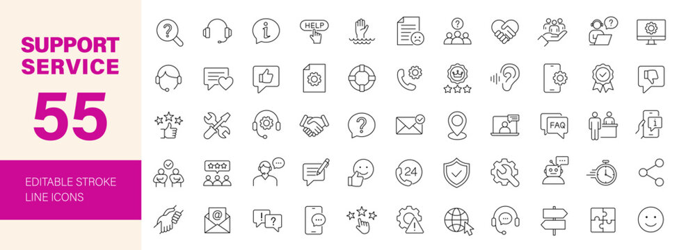 Customer service and support icon set. Editable line icons. Vector illustration.