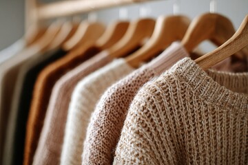 Cozy knit sweaters in soft neutral tones on wooden hangers enhance warmth in a stylish boutique