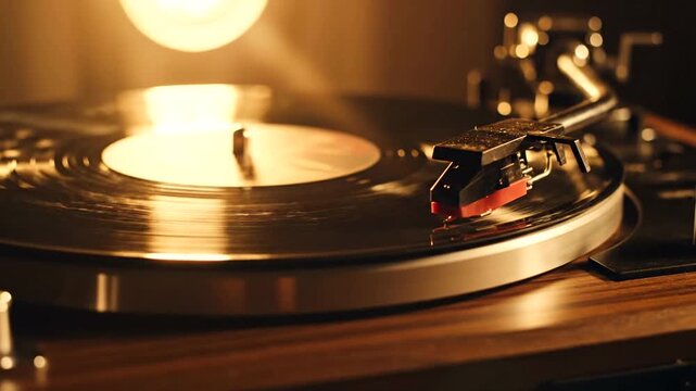 Vinyl record playing on turntable with warm light