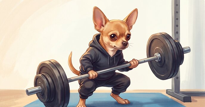 cartoon illustration of a dog chiwawa lifting a weightlifting suit appears to be lifting a barbell. The background refers to a gym or training environment. AI-generated.
