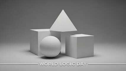 Conceptual 3D render of basic geometric shapes (sphere, cubes, pyramid) symbolizing structure and foundational logic for World Logic Day on a gray background.