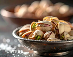 Close-up Macro Shot Of Fresh Pistachios In Shells With Vibrant Green Kernels Sprinkled With Salt In A Rustic Bowl With Soft Bokeh Background