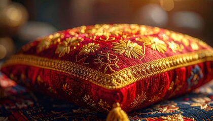 Ornate Red Silk Cushion With Golden Embroidery And Tassels On Intricate Rug In Warm Soft Lighting
