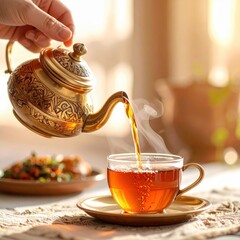Warm Amber Tea Poured From Ornate Golden Teapot Into Clear Glass Cup With Delicate Handle Soft Sunlight Illuminates Steam Rising Gently