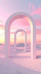 Pixelated Arches Frame Serene Sunset Sky Over Snowy Landscape with Soft Pink and Yellow Hues