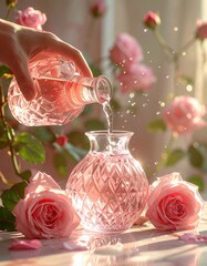 Gentle Hand Pours Pink Liquid Into Crystal Vase Surrounded By Soft Pink Roses And Green Leaves Illuminated By Warm Sunlight Creating A Serene Atmosphere
