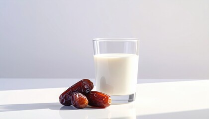 Glass of Milk and Dates on White Surface with Soft Sunlight Backlighting and Shadow Play