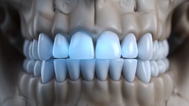Close-up view of human teeth with glowing front incisors, highlighting dental health and anatomy.