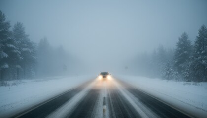 Car Driving Through Heavy Snowfall on a Winter Road With Dense Pine Forest on Either Side and Bright Headlights Illuminating the Foggy Atmosphere