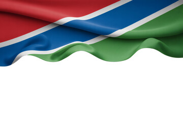 The Gambia flag gracefully drapes with copy space below, a symbol of national pride and cultural heritage, perfect for illustrating patriotism