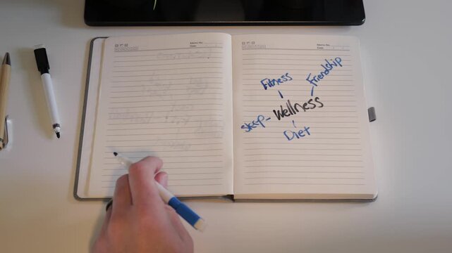 Middle Aged Man Mind Map Journaling Goals and Resolutions - Renewed for New Year's Creative Writing Concept - Analog Digital Detox Pen to Paper