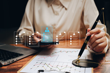 Recruitment evaluation concept. Businesswoman reviewing candidate profiles with checklist icons and documents, employee assessment, hiring decision, human resource analysis