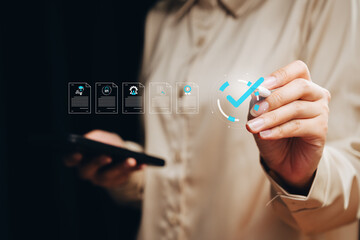 Task completion concept. Businesswoman marking checklist with approval check icon, workflow management, process control, productivity tracking, quality assurance