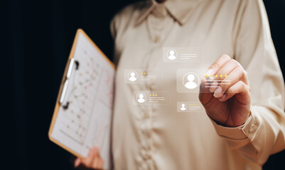 Customer feedback concept. Businesswoman selecting five star rating with review icons, service evaluation, satisfaction measurement, reputation management, user experience