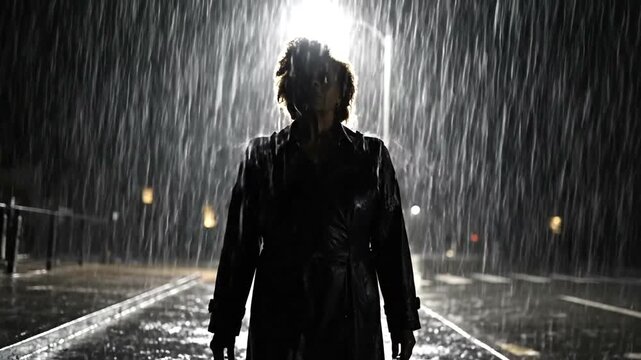 woman standing in heavy rain at night