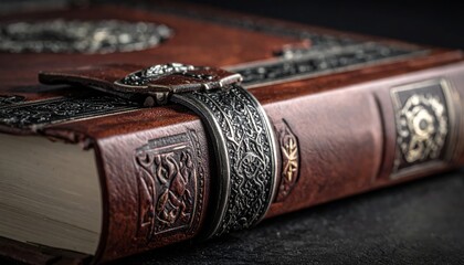 Antique Leather Bound Book With Ornate Metal Clasp And Embossed Cover Details On A Dark Textured Surface