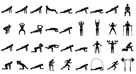 A comprehensive collection of black silhouette icons depicting various fitness exercises and workout routines for health and strength training.
