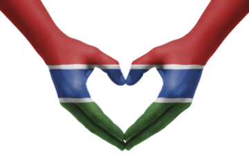 Expressing heartfelt love and pride for Gambia with hands forming a heart shape painted with the nation's flag